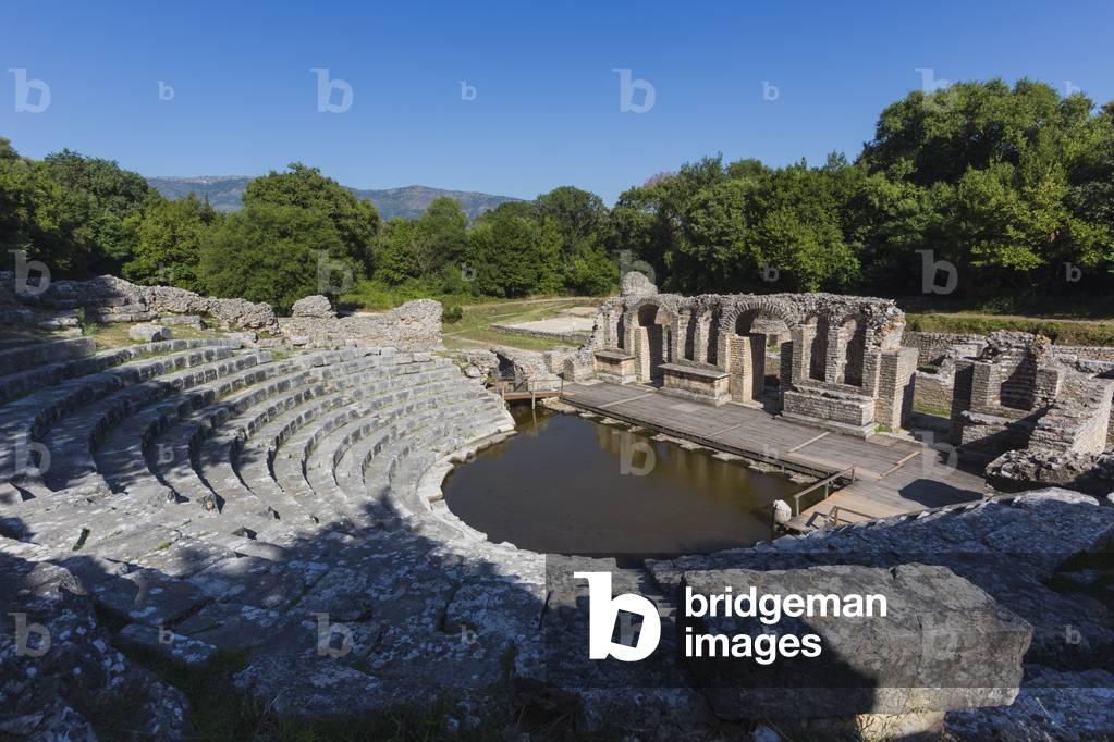 Albania.  Butrint or Buthrotum archeological site; a UNESCO World Heritage Site. The theatre.  A rising water table has flooded the orchestra. (photo)