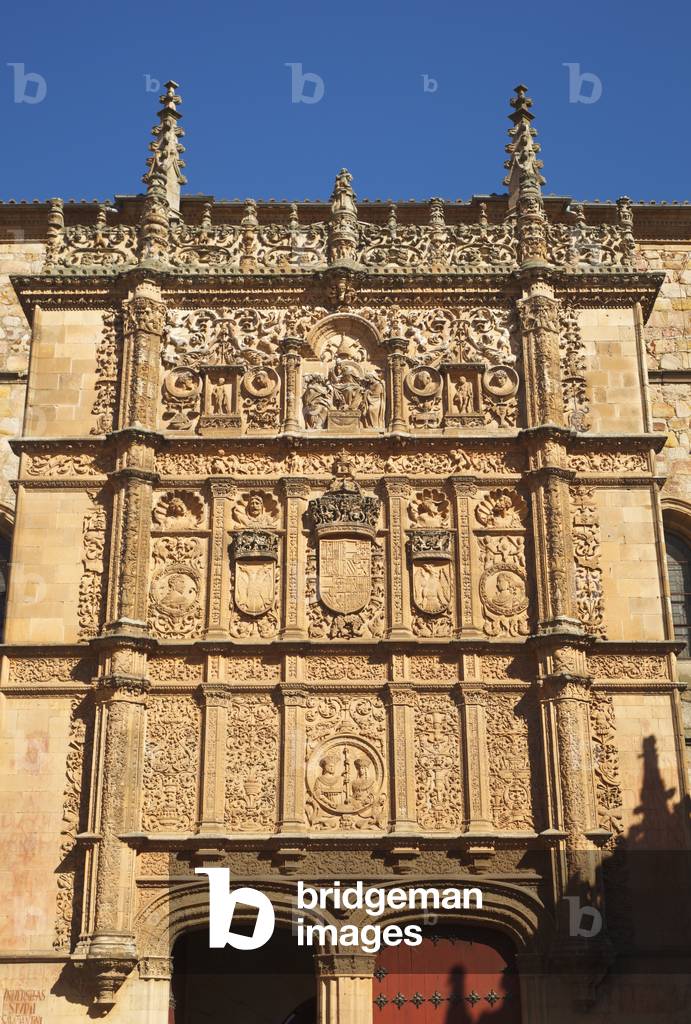 Salamanca, Salamanca Province, Spain.  16th century Plateresque entrance to the Escuelas Mayores or University building. (photo)