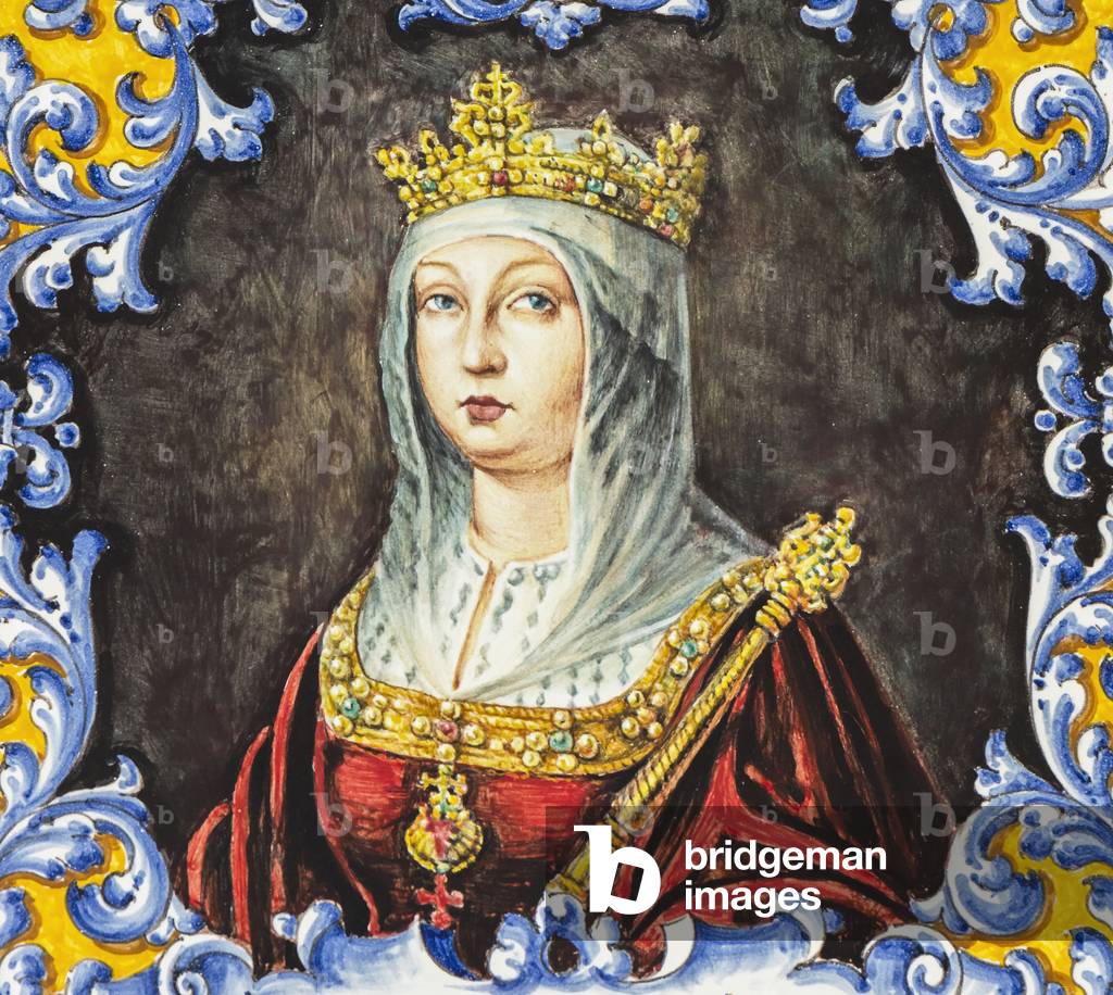 Painted ceramic tile representing Queen Isabella I of Castile at the Palacio Real Testamentario in Medina del Campo, Valladolid Province, Castile and Leon, Spain (photo)