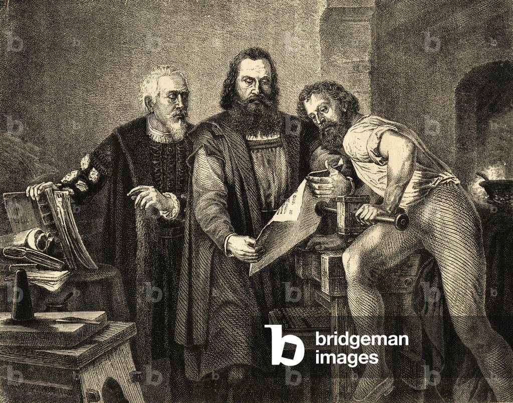 "Giovanni Faust (c. 1400-66) Giovanni Gutenberg (1400-68) e Peter Schoeffer (c. 1425-1503) (incisione)", 19th 