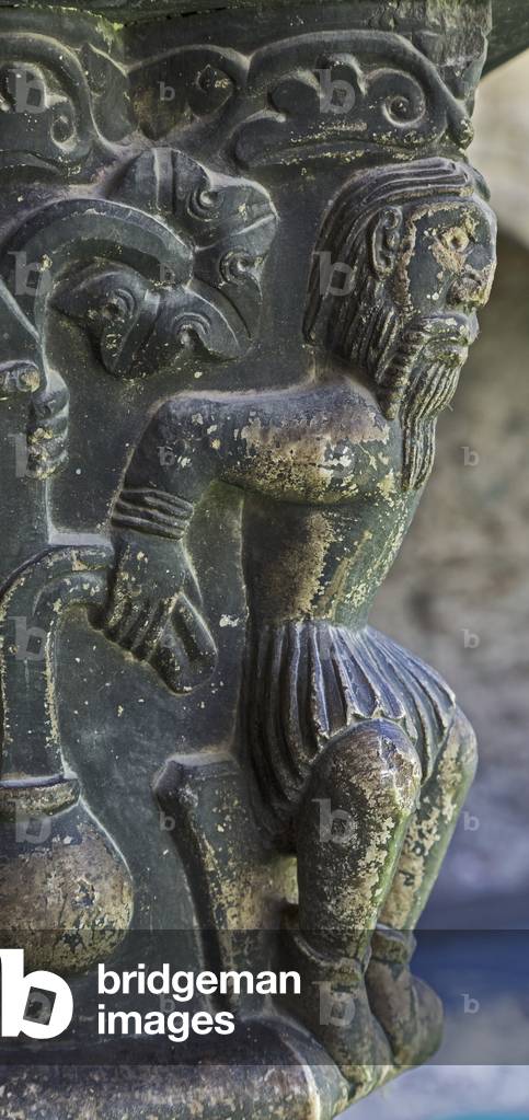 Historiated column in the Romanesque cloister, Collegiate church of Saint Orso, Aosta, Aosta Valley, Italy (photo)