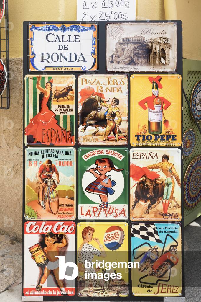 Souvenir copies of old Spanish advertisements, printed on metal, Ronda, Malaga Province, Andalusia, southern Spain (photo)