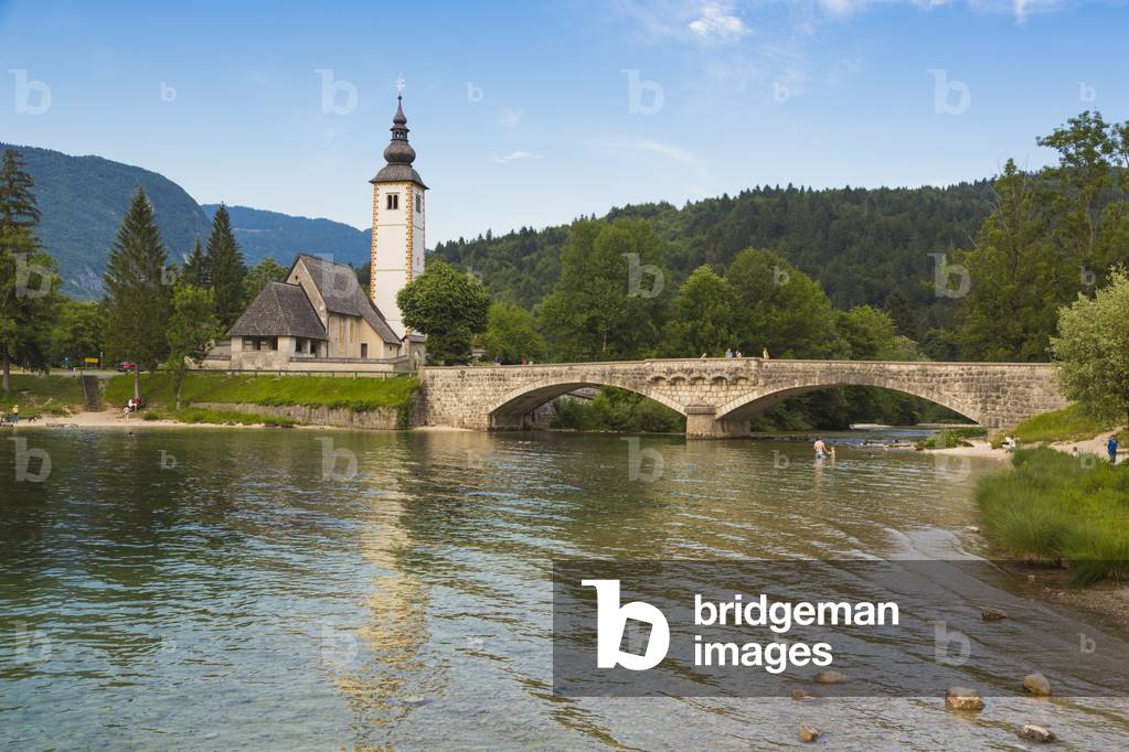 The church of St. John (Cerkev sv Janeza) at the village of Ribcev Laz, at the eastern end of Lake Bohinj, Triglav National Park, Upper Carniola, Slovenia (photo)