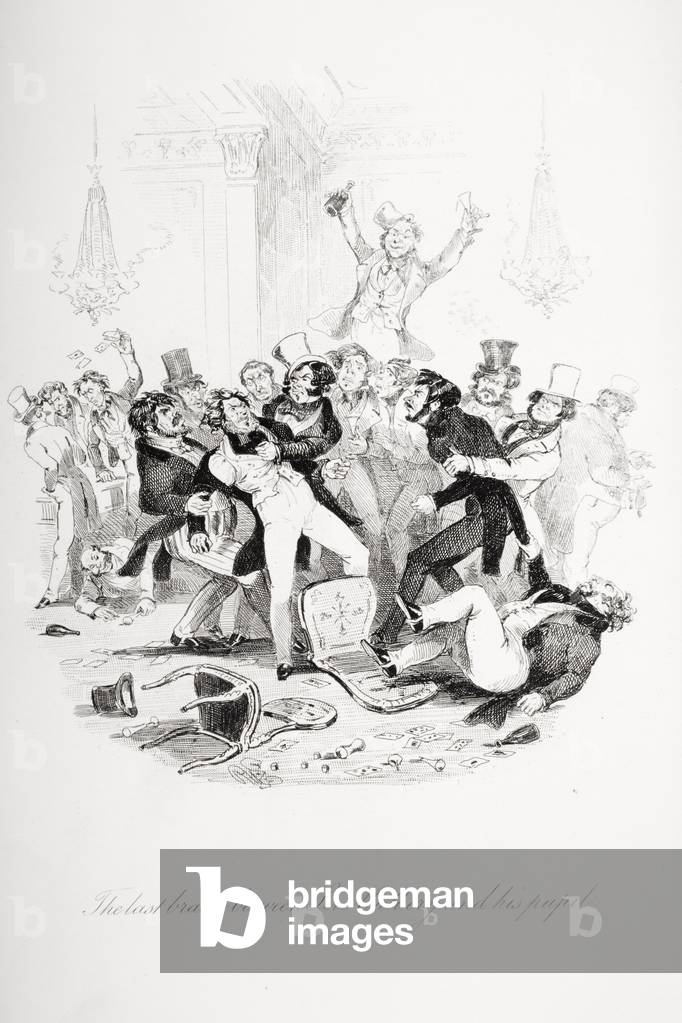 Immagine di Stampa "Illustrazione per Nicholas Nickleby di Charles Dickens", 1839 di Hablot Knight Browne, b/w