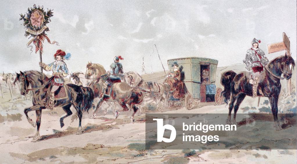 Ein überdachtes Pferd gezeichnet Coach des 17. Jahrhunderts, 1886 (Farbe litho)