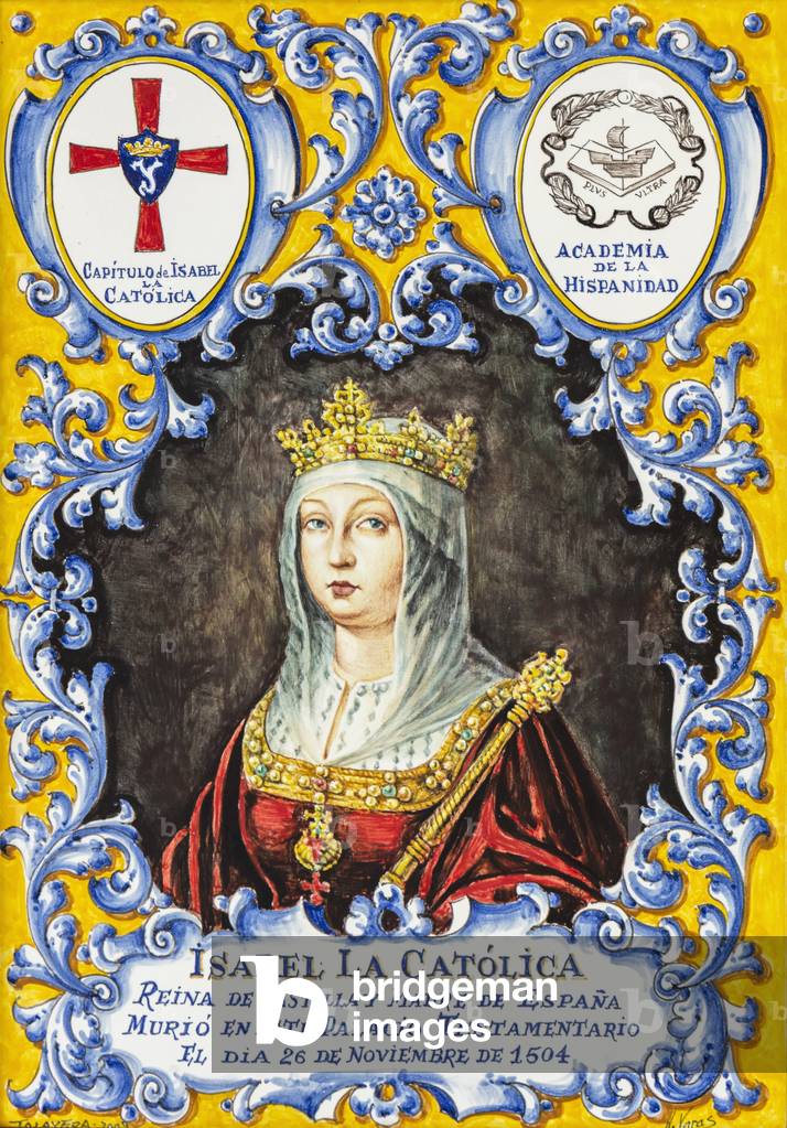 Painted ceramic tile representing Queen Isabella I of Castile at the Palacio Real Testamentario in Medina del Campo, Valladolid Province, Castile and Leon, Spain (photo)