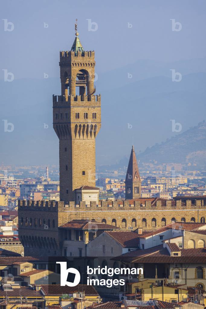 Florence, Tuscany, Italy.  View from Piazzale Michelangelo to the tower of the Palazzo Vecchio. (photo)