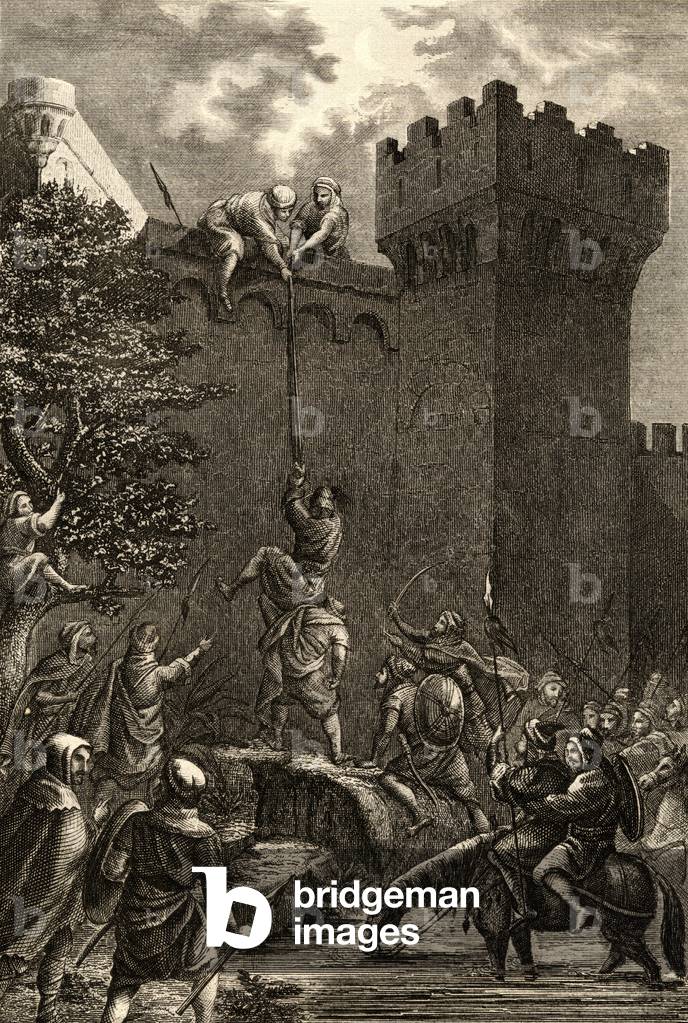 "La presa di Cordoba da parte degli arabi nel 712 d.C. (incisione)", 19th Secolo di Spanish School, b/w