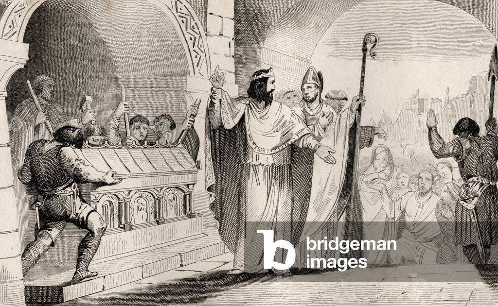 Clovis II (635-57) Vendere argento e oro dal santuario per nutrire i poveri, da 'Histoire de France 'di Colart