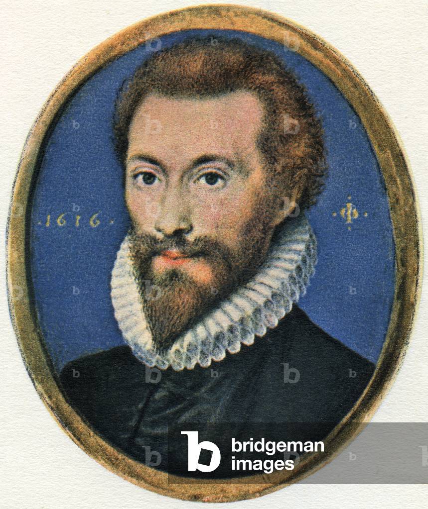 John Donne, 1572 -1631.  English poet and a cleric.After a miniature by Isaac Oliver.  From Impressions of English Literature, published 1944.