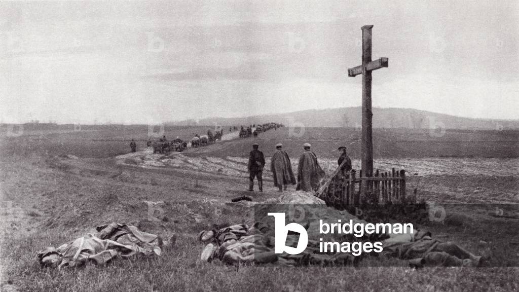 Dead soldiers on the battelfield after the Russian victory at Kielce, Poland during World War I, from 'The Illustrated War News', published in 1915 (litho)