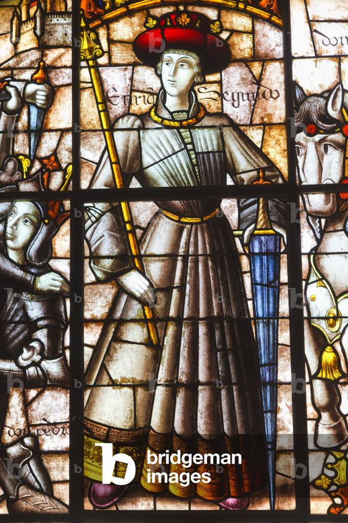 Segovia, Segovia Province, Spain. Stained glass window in the Alcazar of King Enrique II of Castile, 1333 - 1379, known as El Fratricida, El Bastardo, or El de las Mercedes  meaning He of the Largesse.