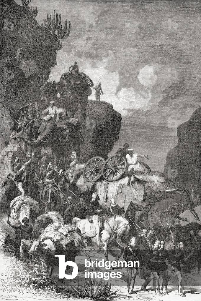 British Army on the march transporting weapons and supplies during their 1868 expedition to Abyssinia.
