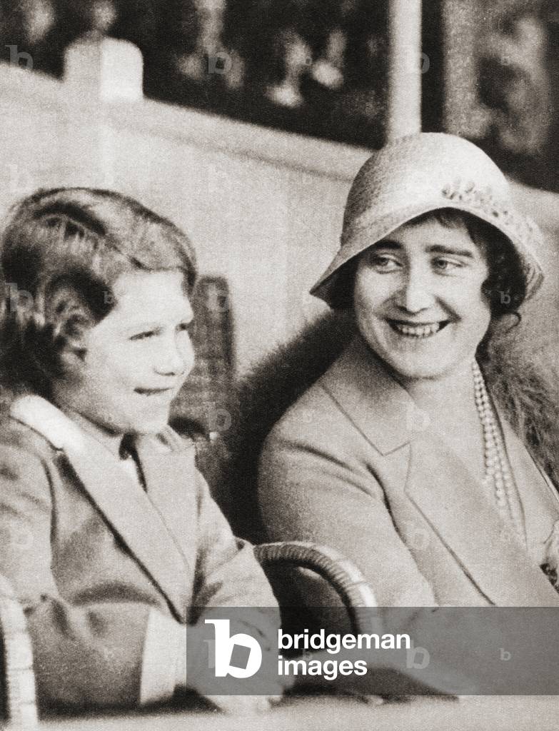 Princess Elizabeth of York with her mother the Duchess of York at the rehearsal of the Aldershot Tattoo in 1932 (b/w photo)