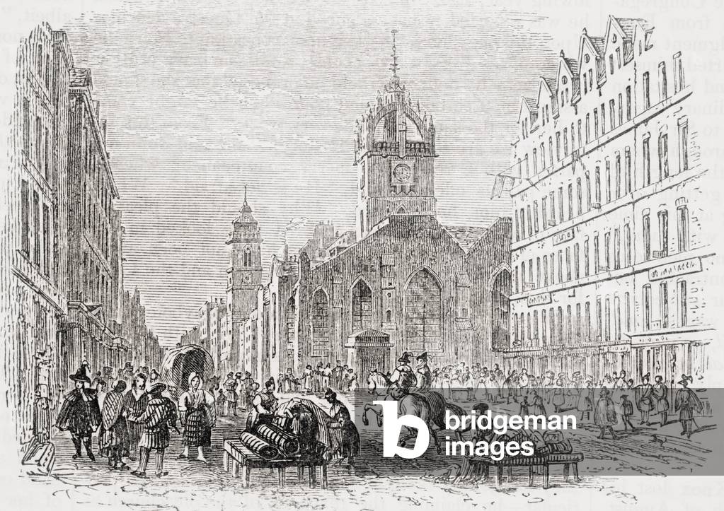 St Giles and the Old Tron Church, Edinburgh in the 17th century, from 'Old England's Worthies' by Lord Brougham and others, published London, c.1880s (litho)