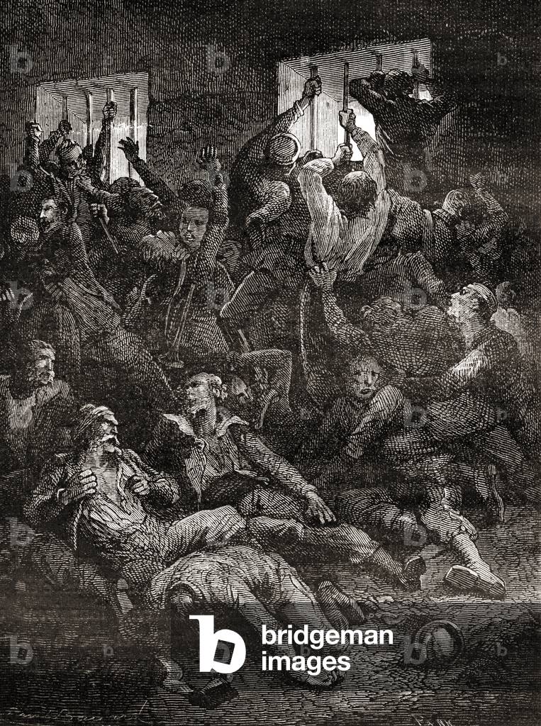 The suffering and death due to poor ventilation, of English prisoners in the Black Hole of Calcutta, a small dungeon in the old Fort William in Calcutta, India, where troops of the Nawab of Bengal, Siraj ud-Daulah, held British prisoners of war after the capture of the fort on 20 June 1756, from 'Les Merveilles de la Science', published c.1870 (engraving)