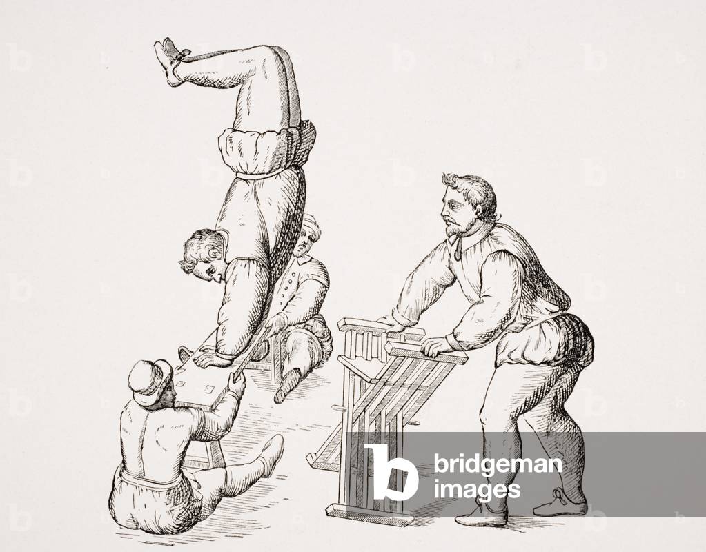 Somersaults, illustration from a facsimilie of 'Excercises in Leaping and Vaulting', by A. Tuccaro, published 1599, from 'Le Moyen Age et La Renaissance' by Paul Lacroix (1806-84) published 1847 (litho)