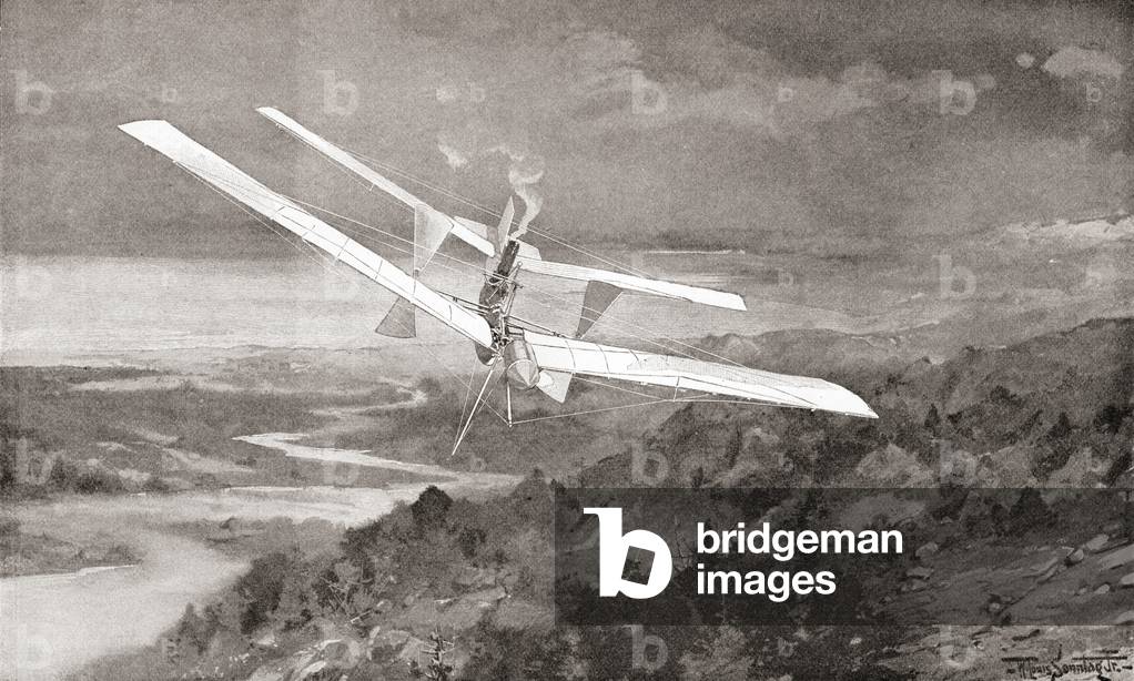 The Langley Aerodrome flying machine in flight in the 19th century.   From The Strand Magazine published 1897.