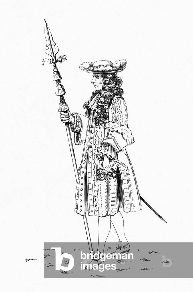 A gentleman pensioner, aka The Honourable Band of Gentlemen Pensioners, 1687. Bodyguard to the British Monarch.  From The British Army: Its Origins, Progress and Equipment, published 1868.