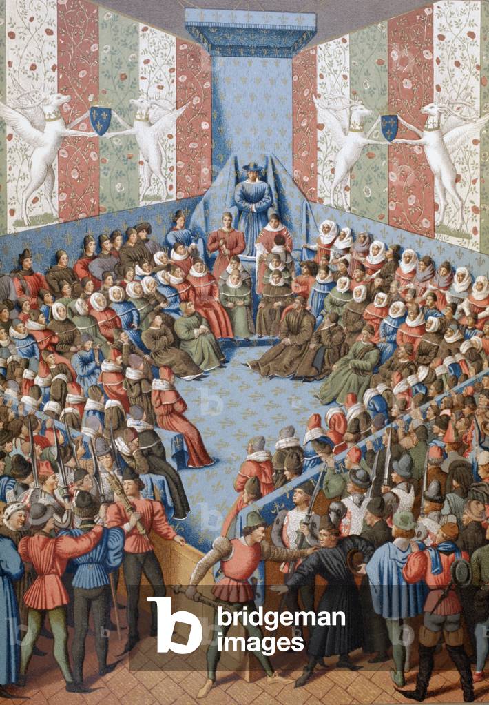 Jean II, Duke of Alencon on trial accused of having conspired with the English, c.1880 (colour litho)