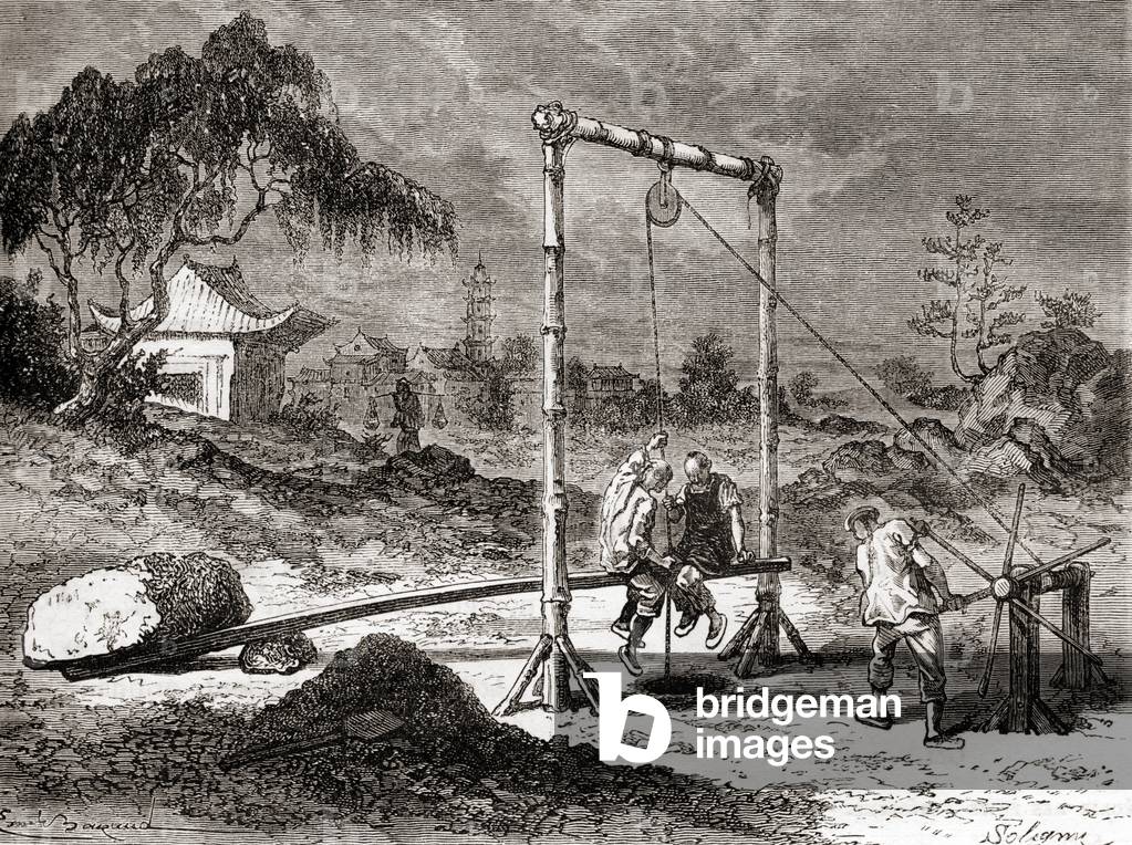 Chinese workers in the 19th century digging a well for the extraction of salt water, from 'Les Merveilles de la Science', published c.1870 (engraving)
