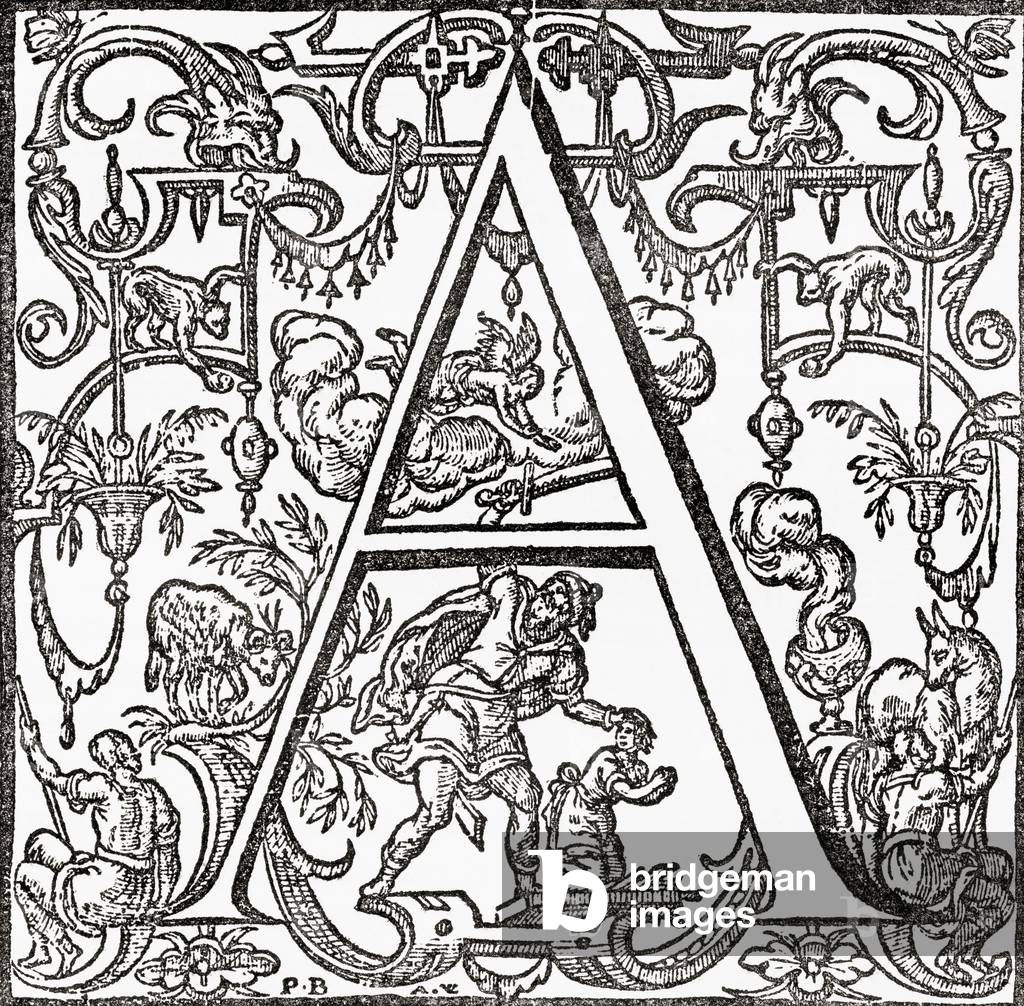 Facsimile of Initial letter A with story of Abraham and Isaac, A Catalogue of a Collection of Engravings Etchings and Woodcuts by Richard Fisher pub. 1879 (print)