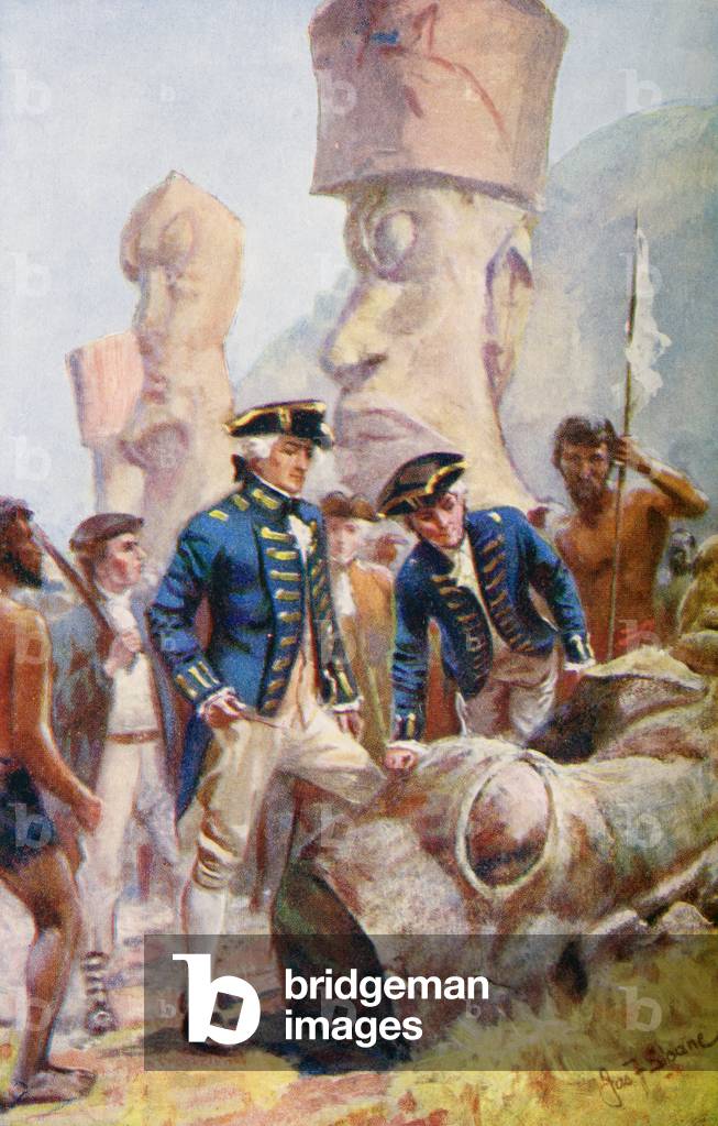 Captain James Cook examining the statues on Easter Island, from 'The Life and Voyages of Captain James Cook' by C.G. Cash, published c.1910 (colour litho)
