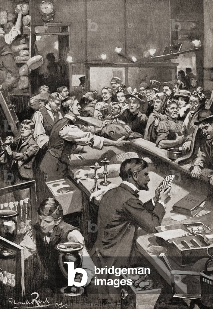 Saturday night at a pawnbrokers, London, England in the late 19th century.  From Living London, published c.1901