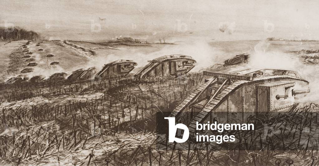 A Tank Offensive at Cambrai, France, illustration from 'The Outline of History' by H.G. Wells, Volume II, published in 1920 (litho)