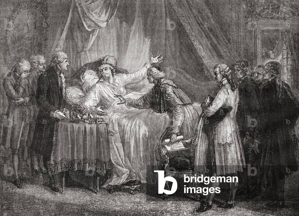 The death of the Comte de Mirabeau (1749-91) in 1791 (litho)