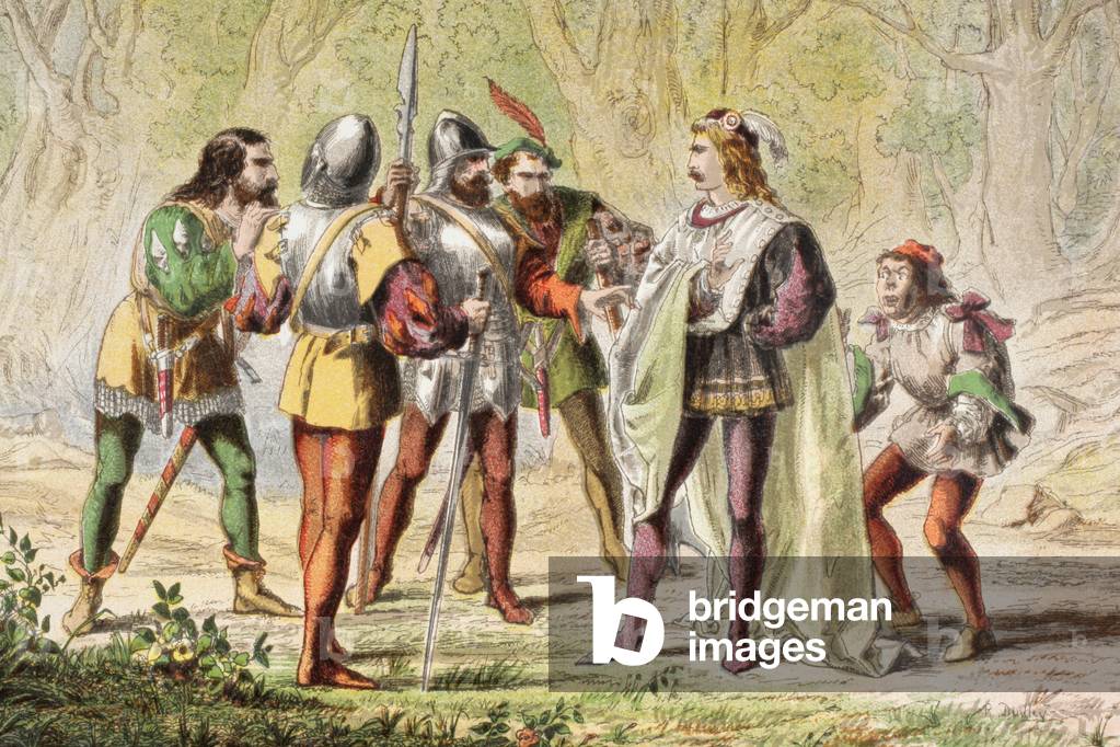 Speed speaks in The Two Gentlemen of Verona, 'Master, be one of them', from 'The Illustrated Library Shakespeare', published London 1890 (colour litho)