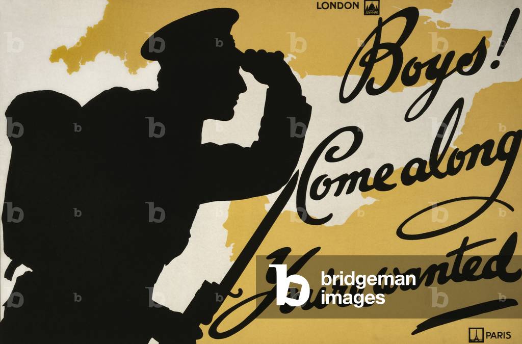 World War One recruiting poster, 'Boys! Come Along You're Wanted' (colour litho)