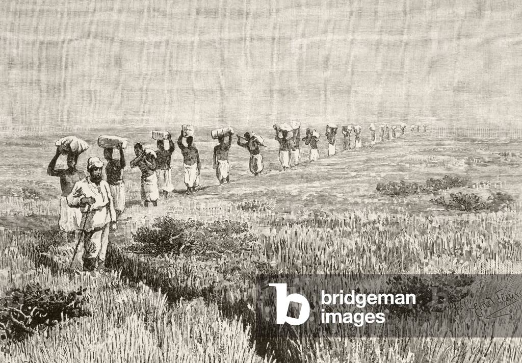A line of porters carrying expedition supplies during a journey of exploration in East Africa in the mid-19th century, from 'Afrika, dets Opdagelse, Erobring og Kolonisation', published 1901 in Copenhagen (litho)