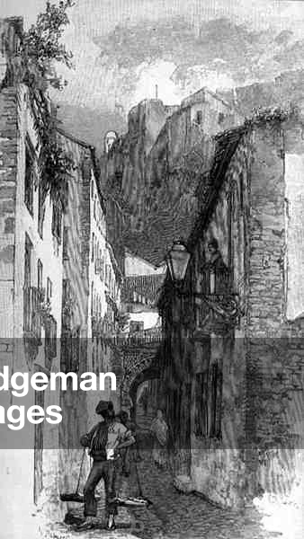 The Street Beneath the Alcazar, Malaga, Spain, from 'The Picturesque Mediterranean', Volume 3, published by Cassell and Co. Ltd., 1880s-90s (engraving)