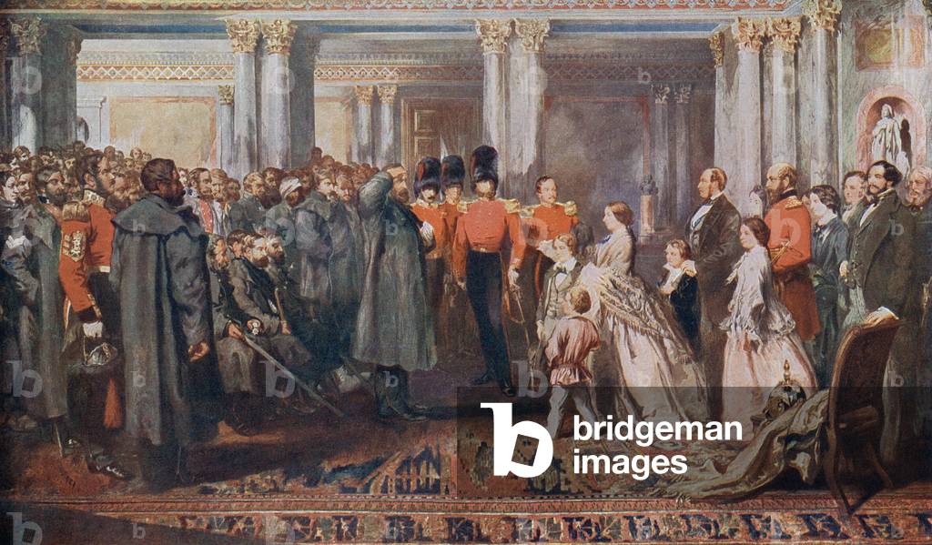 Queen Victoria receiving Crimean War veterans in audience, 1854.