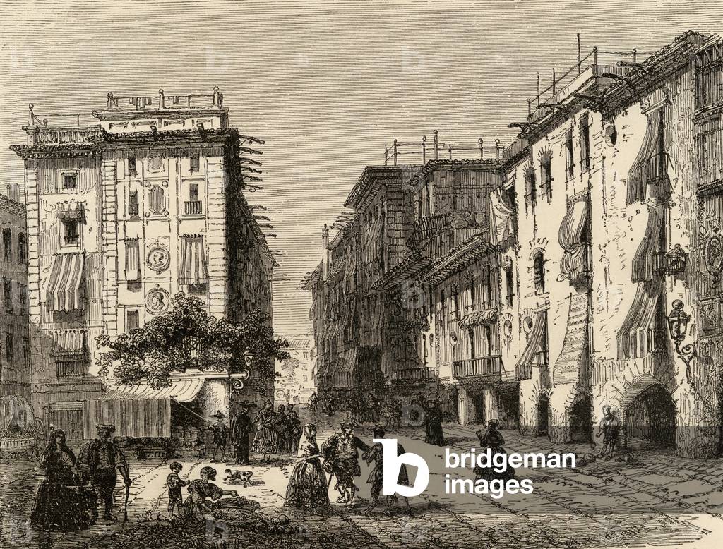 Street in Barcelona, illustration from 'Spanish Pictures' by the Rev. Samuel Manning (engraving)