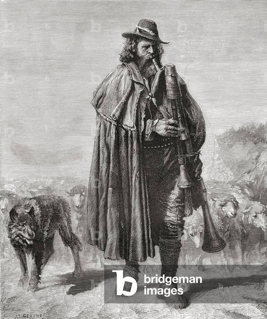 19th century Italian shepherd with his dog and sheep playing bagpipes.