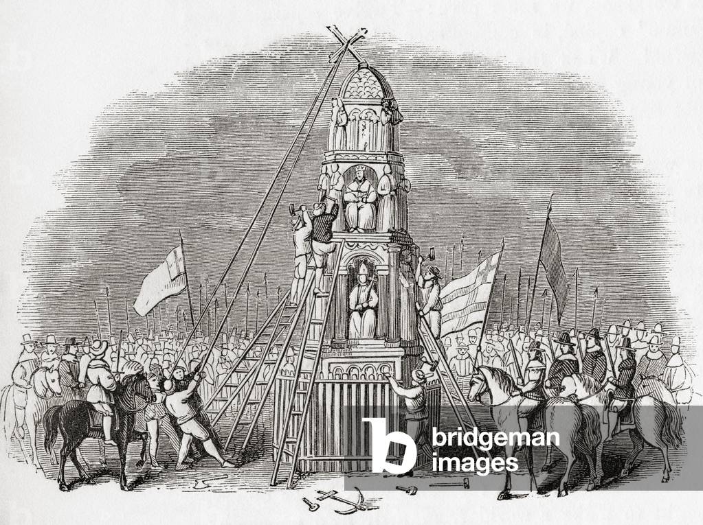 Puritans destroying the Cheapside Cross aka Eleanor Cross, London, England in 1643, from Old England: A Pictorial Museum, pub. 1847