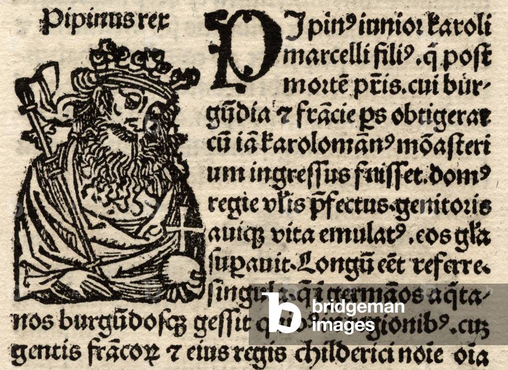 Detail from original incunable leaf, depicting Pepin I (803-38) pre 1500 (litho) (see also 237070)