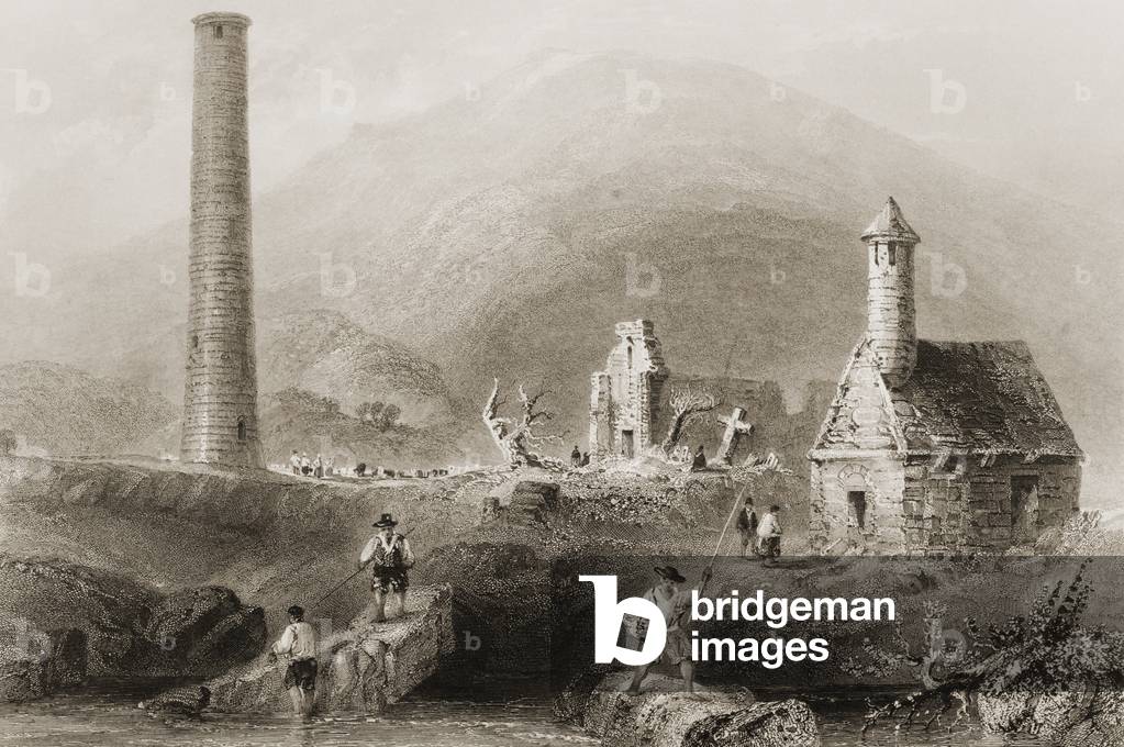 The Ruins at Glendalough, County Wicklow, Ireland, from 'Scenery and Antiquities of Ireland' by George Virtue, 1860s (engraving)