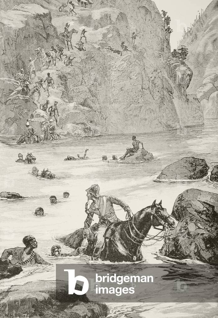 British soldiers fleeing and being pursued by Zulu warriors after the battle of Isandlwana, KwaZulu-Natal province, South Africa, from 'Afrika, dets Opdagelse, Erobring og Kolonisation', published 1901 in Copenhagen (litho)