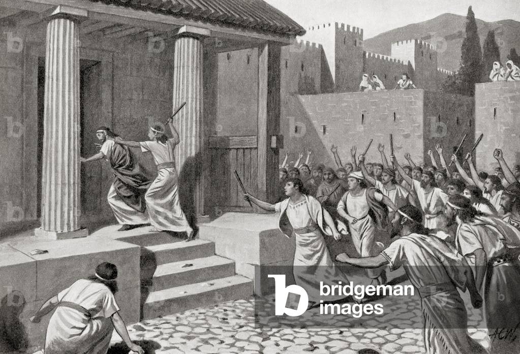 Alcander a young man of Sparta attacking Lycurgus, from Hutchinson's History of the Nations, pub.1915