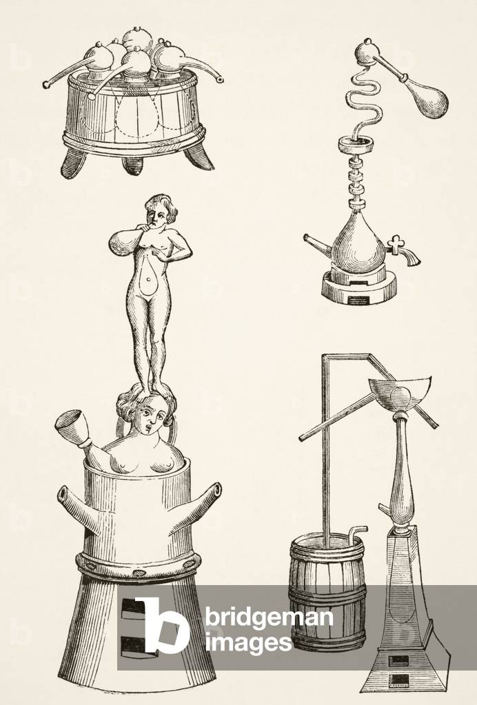 Furnace, retorts, stills and distilling apparatus used by chemists and alchemists in the 16th century, from 'Science and Literature in the Middle Ages' by Paul Lacroix (1806-84) published London 1878 (litho)