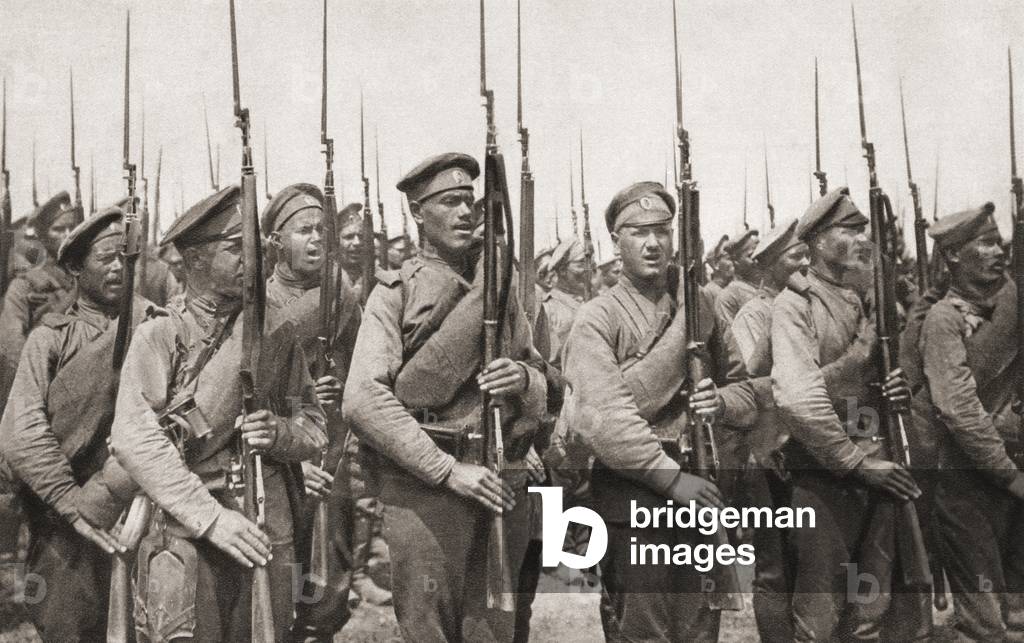 Russian infantry on parade and presenting arms during World War One, from 'The Illustrated War News', 1915 (b/w photo)