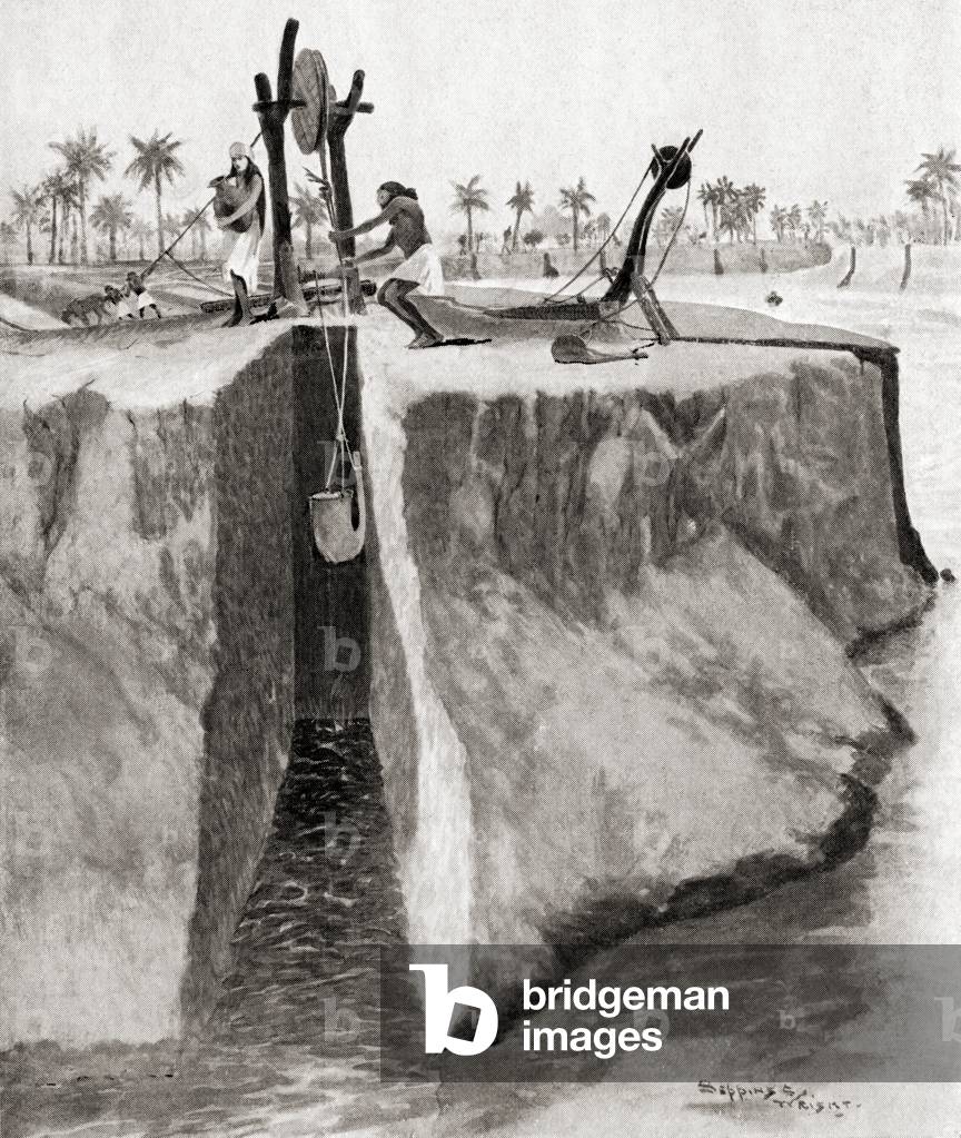 The Assyrian method of irrigation. The water was raised up the high banks of the Tigris using a skin which ended in a funnel, once at the top it was discharged into a trough and connected with an irrigation channel.  From Hutchinson's History of the Nations, published 1915.