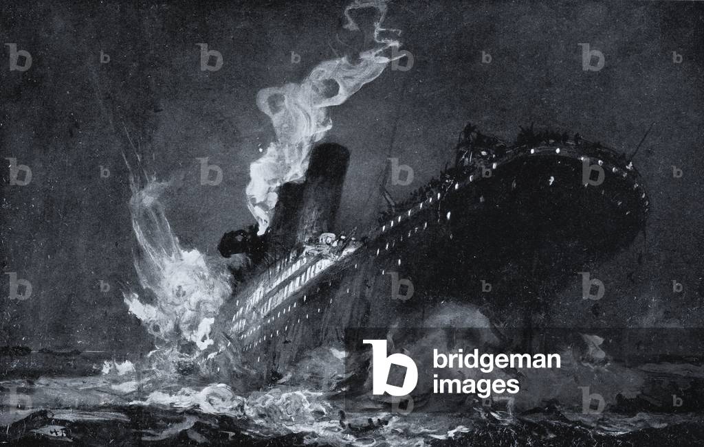 RMS Titanic of the White Star Line sinking after hitting an iceberg in the North Atlantic (litho)