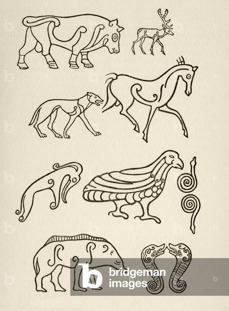 Cult animals on Scottish sculptured stones, from 'Ancient Man in Britain' by Donald A. Mackenzie, published London, 1923 (litho)