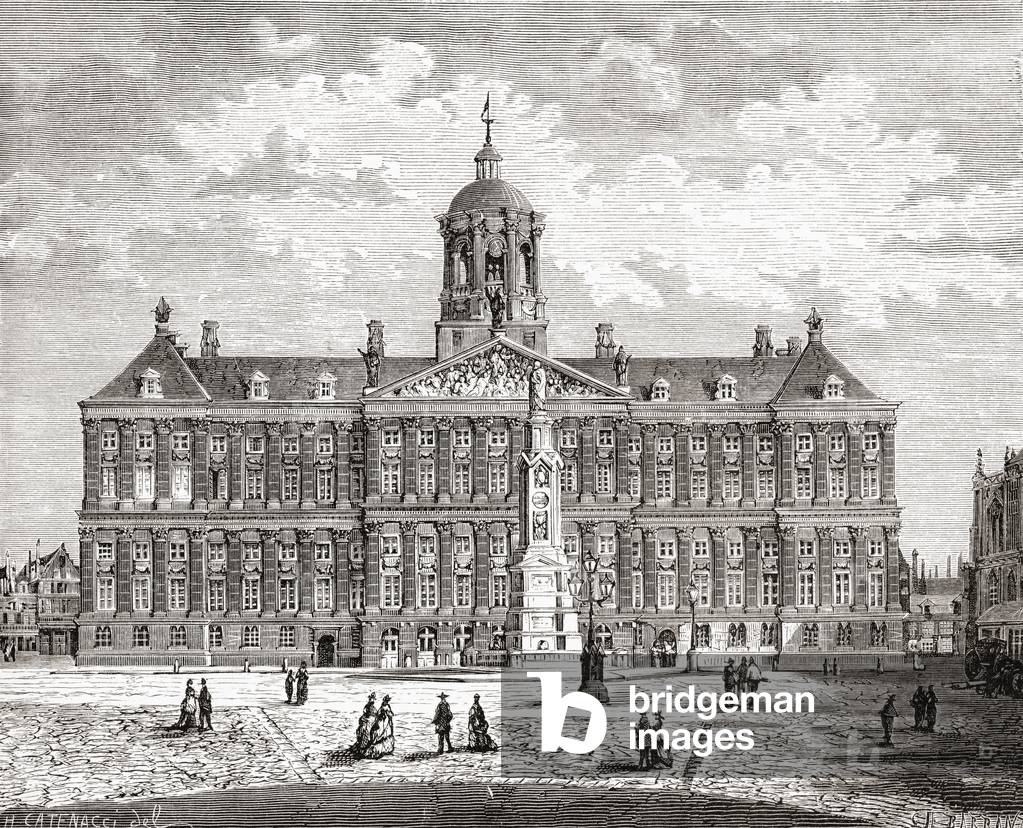 The Royal Palace, Dam Square, Amsterdam, The Netherlands in the 19th century.  From Pictures From Holland by Richard Lovett, published 1887.