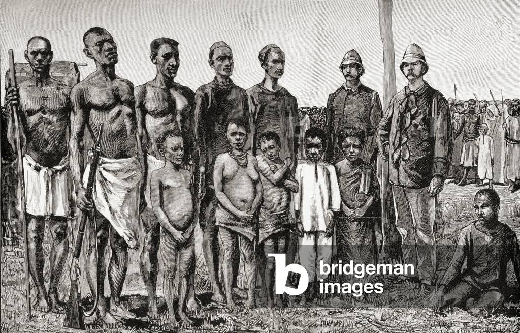 Pygmy natives as compared with English officers, Sudanese and Zanzibaris, 1890 (wood engraving)