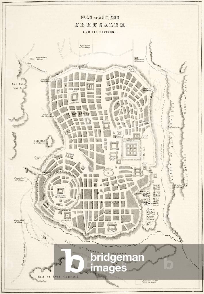 Plan of ancient Jerusalem as it was presumed to be at the time of Jesus Christ (litho)
